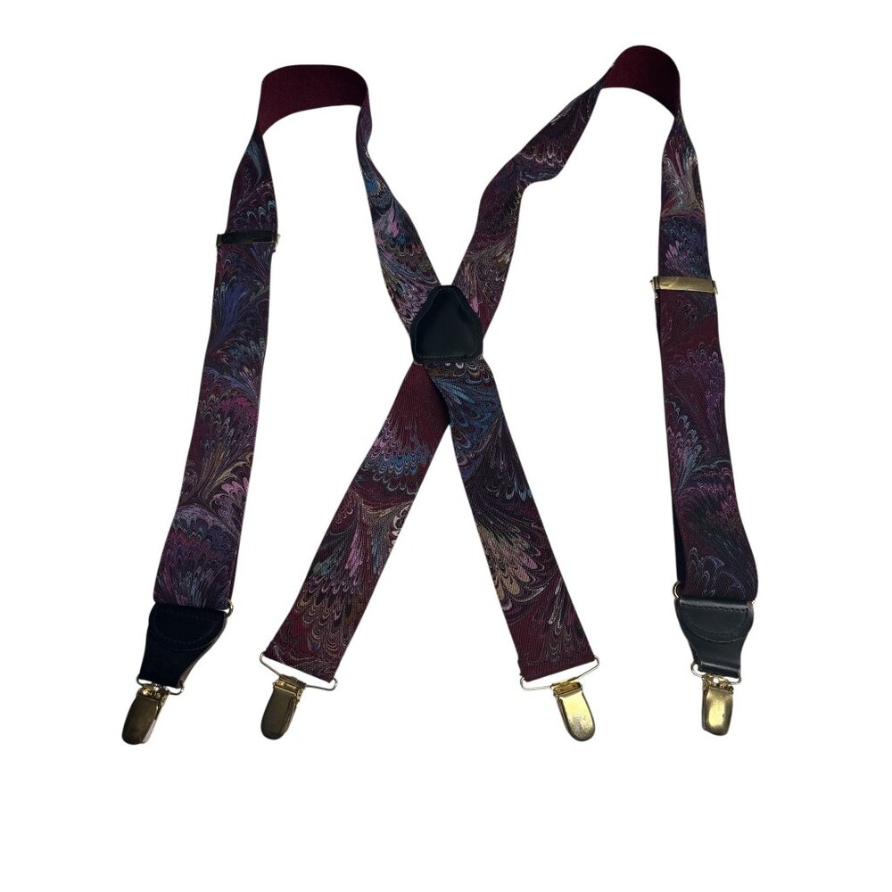 Pelican USA Adjustable Burgundy Suspenders With Colorful Feather Pattern & Gold-